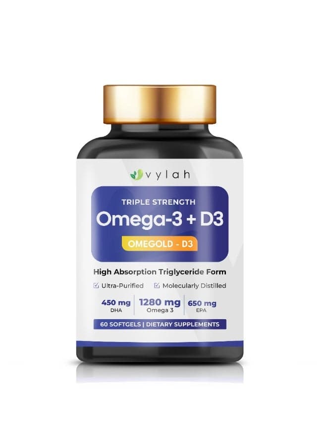 Vylah Triple Strength Omega 3 Fish Oil 1280mg + Vitamin D3 25mcg, 60 Softgels, 650mg EPA & 450mg DHA, Triglyceride Form, Molecularly Distilled, Heart Brain Bone Immune Support