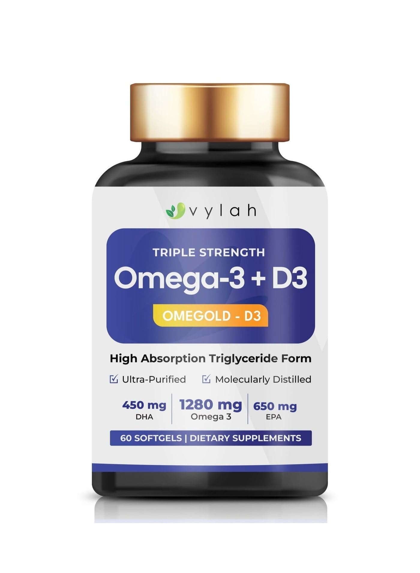 Vylah Triple Strength Omega 3 Fish Oil 1280mg + Vitamin D3 25mcg, 60 Softgels, 650mg EPA & 450mg DHA, Triglyceride Form, Molecularly Distilled, Heart Brain Bone Immune Support