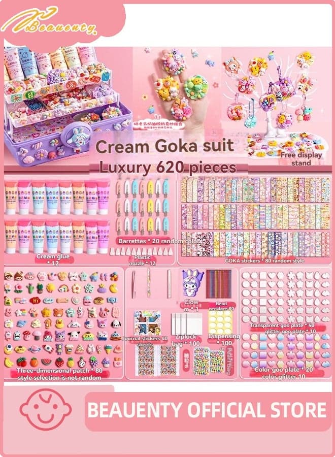 620 Pcs DIY Whipped Cream Clay Glue Set, Simulated DIY Making Art Craft Kit with Cartoon Stickers, Accessories, Key Chains with Storage Box for Gifting