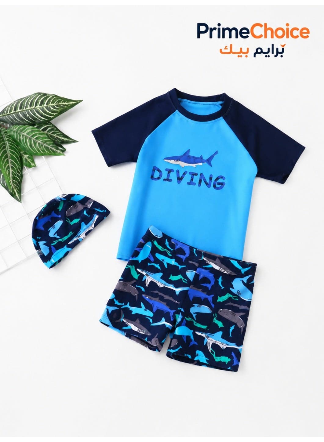 3PCS Kids Swimsuit with Cap Set for Boys, Shark Print Swimwear Children Swimming Trunks Short Sleeves Clothing Beachwear Bathing Suit for Summer, Blue