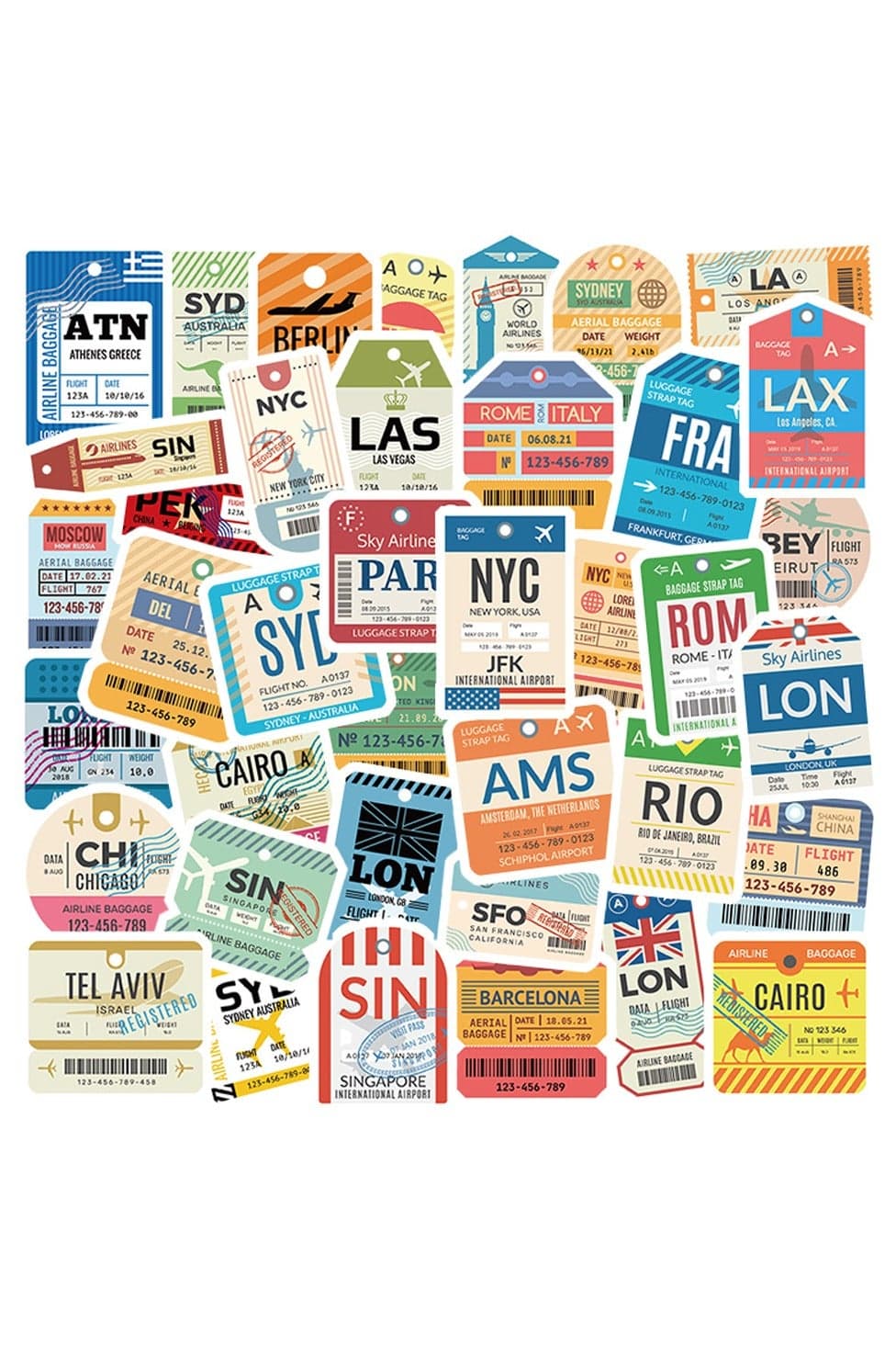 50-Piece Airline Boarding Pass Ticket Label Stickers Pack Waterproof Cartoon Vinyl Stickers for Luggage Laptop