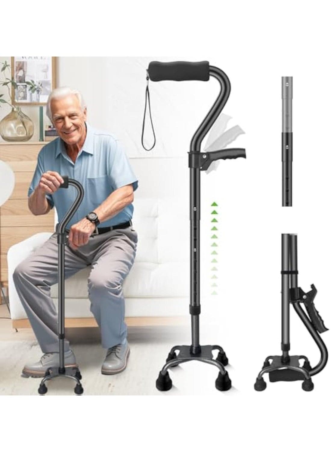 Walking Canes for Women & Men, Adjustable Folding Quad Cane, Heavy Duty Walking Sticks Canes for Seniors Balance,Collapsible, Lightweight Self Standing Cane with 2nd Handle and 4-Pronged Base