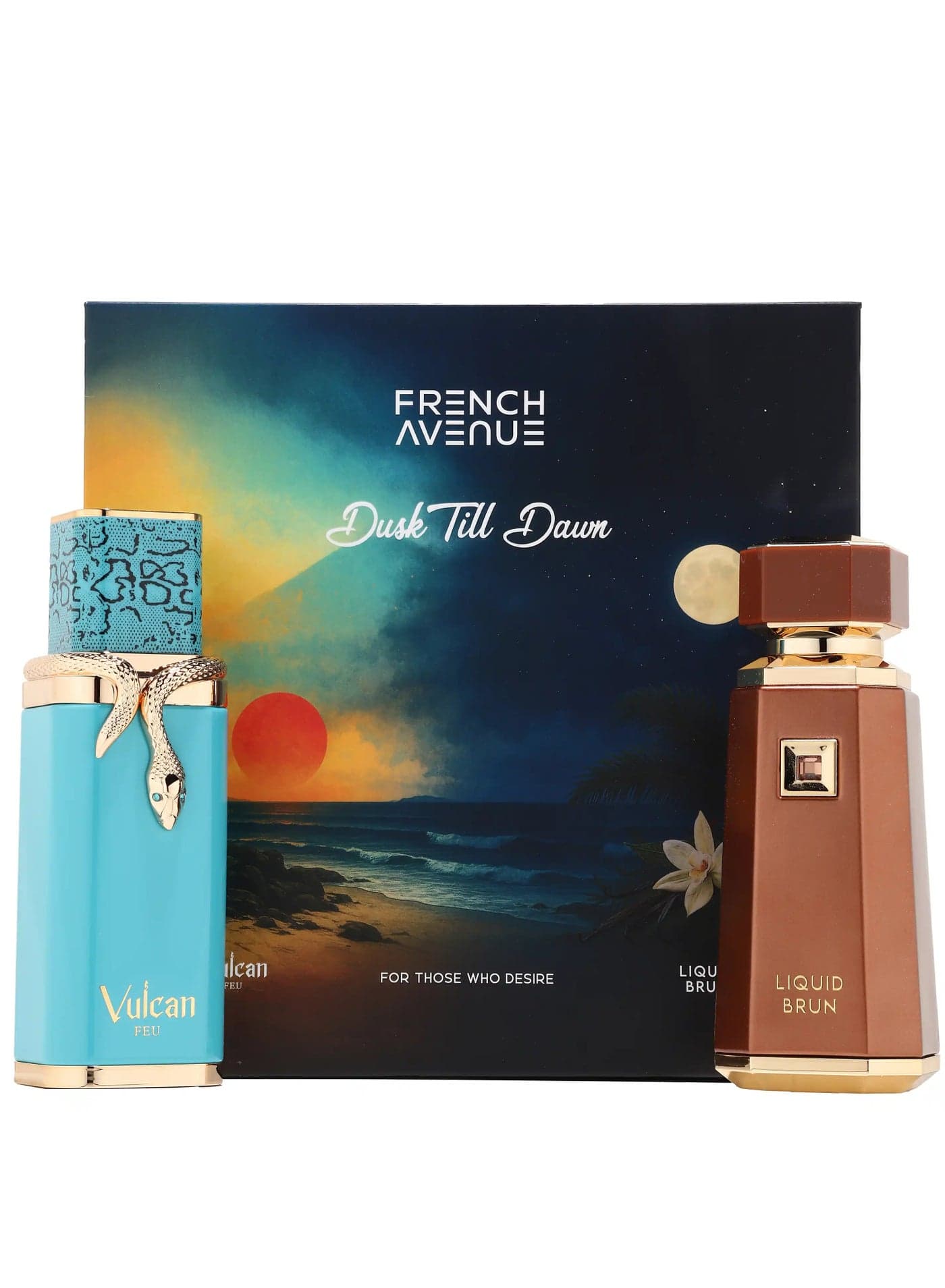 French Avenue Dusk Till Dawn Combo Pack Eau De Parfum(EDP) - Perfume Gift Set For Men, 2 Bottles - Liquid Brun Vulcan Feu