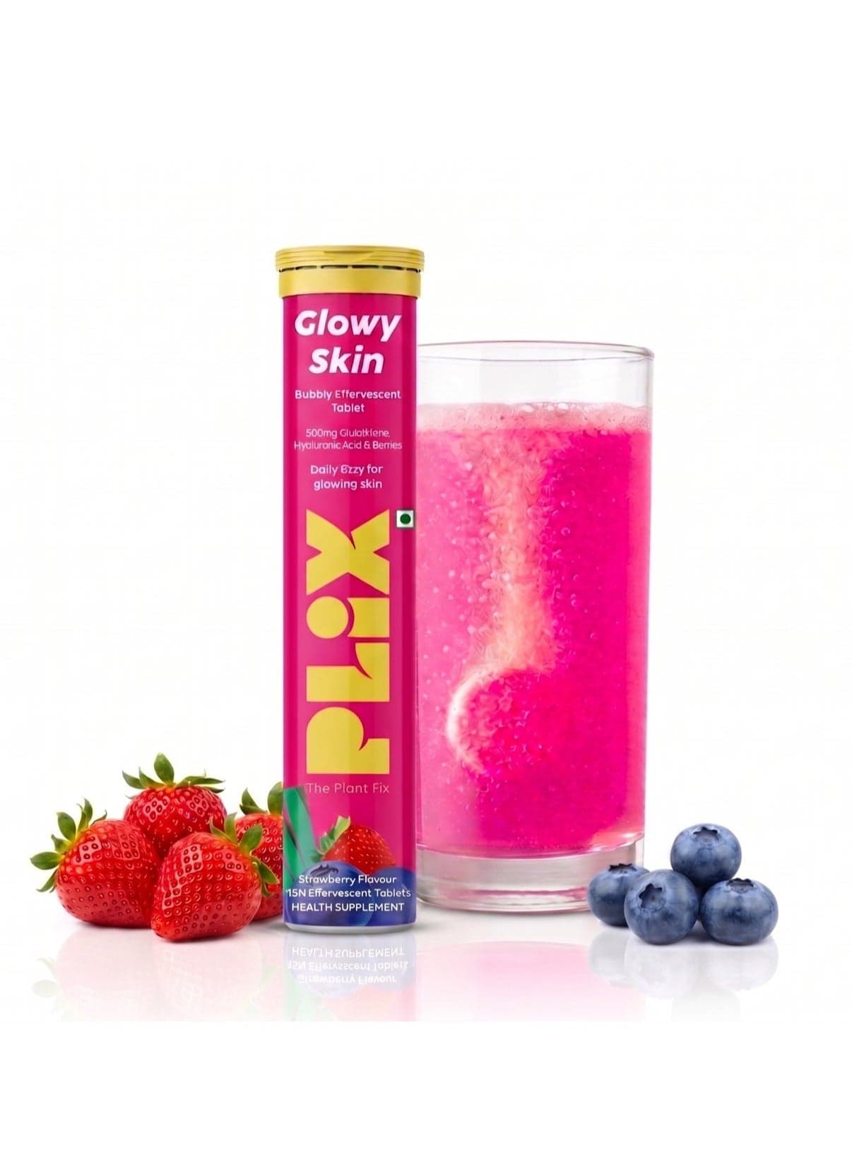 500mg L-Glutathione Skin Glow 15 Effervescent Tablets for Clear and Youthful Look | With Vitamin C & E| Plant-based ingredients | Sugar Free | Pack of 1, Strawberry Flavour