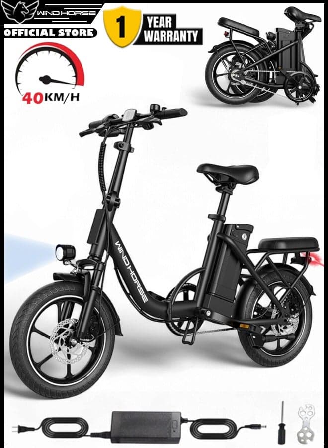 Folding Electric Bike with 350W High Speed Motor, 36V 8AH Battery, 40 KM/H Speed, 35 KM Range, Dual Disk Brakes, Carbon Alloy Frame, 16-Inch Tires, Front Suspension Fork, Portable Electric Bike with Dual Seat