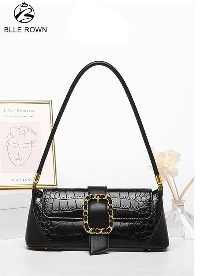 Bags for Ladies Crocodile Pattern Handbag for Daily Use Stylish Women Shoulder Bag with Inner Zipper Pocket and Front Gold Buckle Lightweight Crossbody for Work and Casual Outfits Black