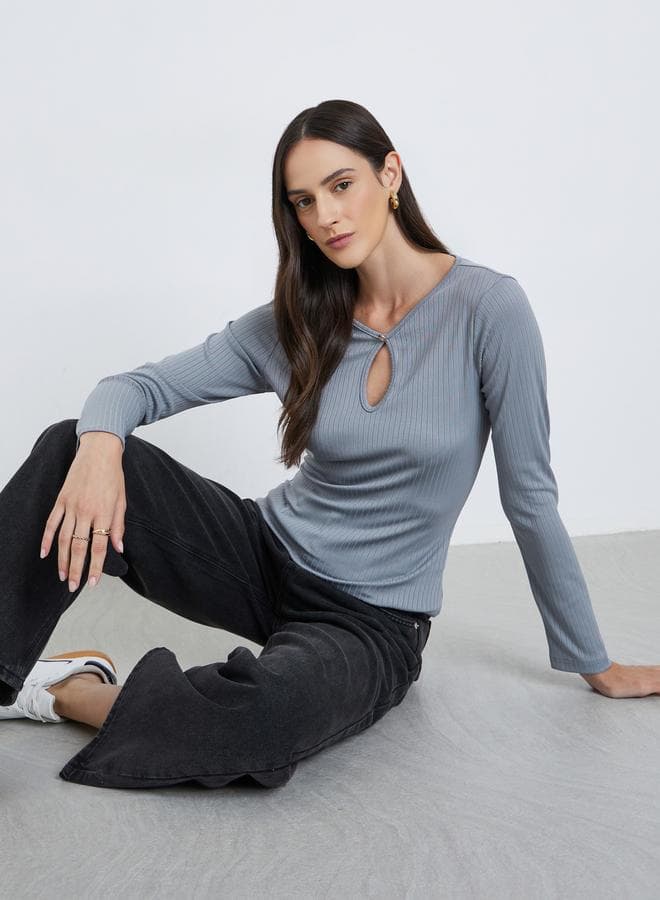 Styli Grey Ribbed Knit Top with Keyhole Detail