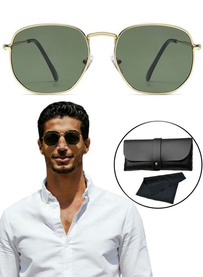 Hipster Hexagonal UV Protection Sunglasses with Glasses Bag and Cloth Men Women Geometric Square Small Vintage Metal Frame Retro Shade Glasses for Daily Wear Outdoor Dating Street Shooting Picnics Café,Gold Frame Green Glasses