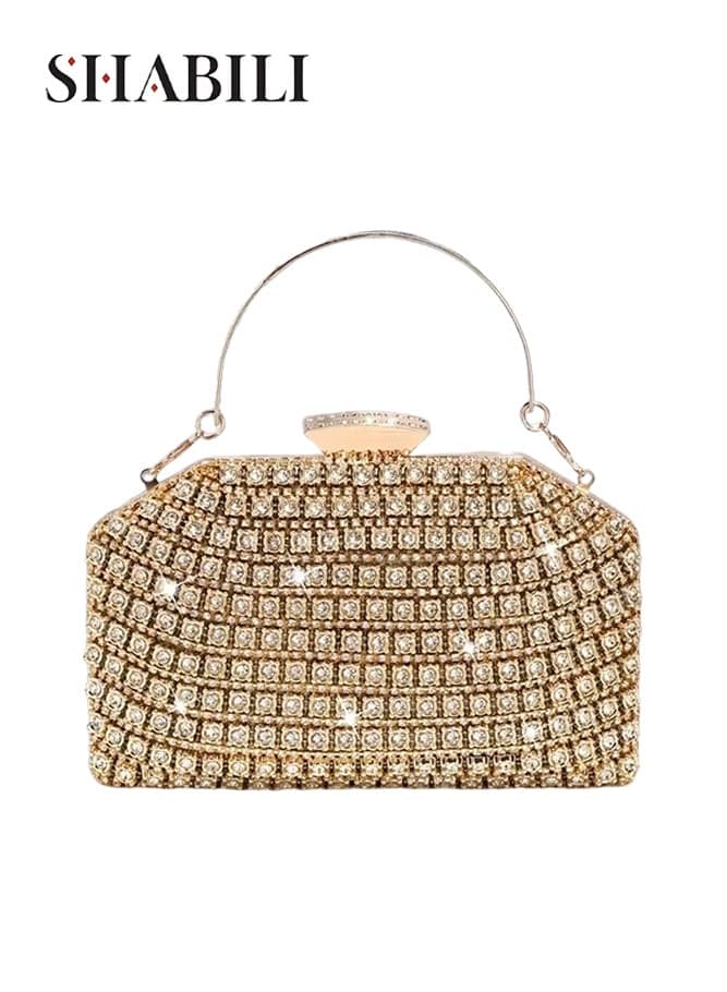 Women's Rhinestone Clutch Bag, Ladies Metal Shoulder Bag Messenger Bag, Luxury Banquet Bag Evening Bag for Brides Wedding Prom Cocktail and Formal Events, Metal Frame with Detachable Chain(Gold)