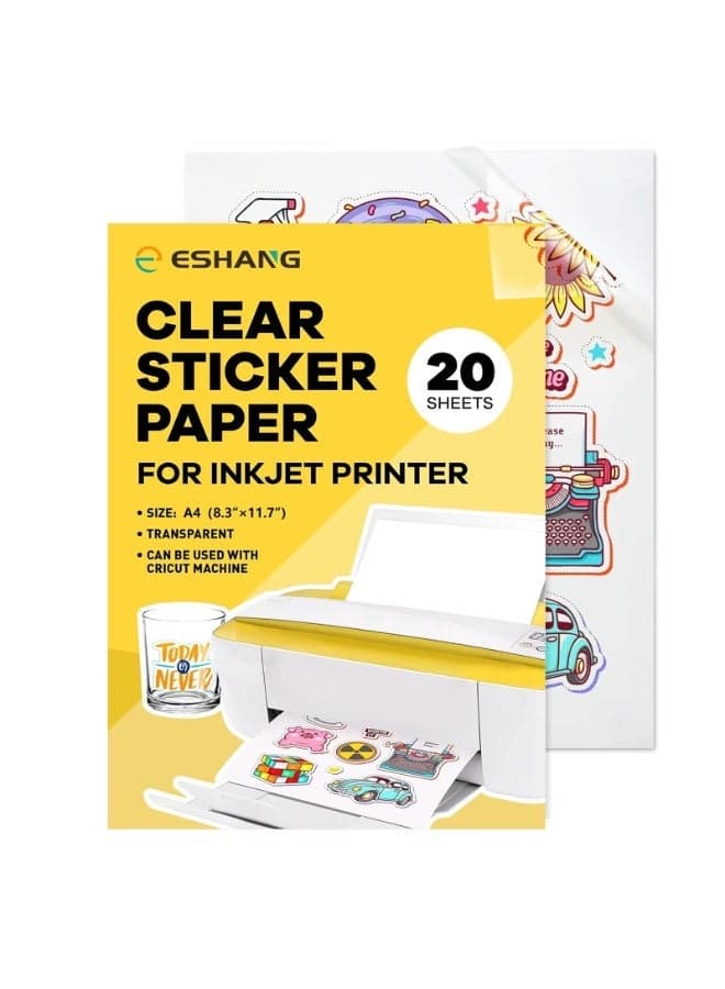 ESHANG Printable Clear Vinyl Sticker Paper for Inkjet Printer, A4 20 Sheets, Waterproof Transparent Sticker Paper for DIY Crafts, Labels, Decals