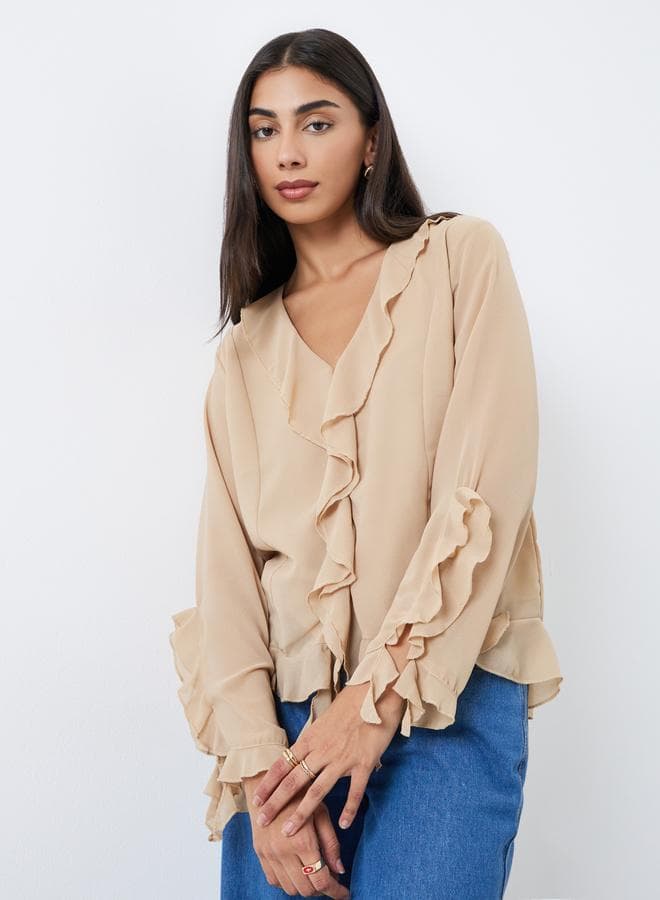 Styli Beige Frill Detail V Neck Chiffon Blouse
