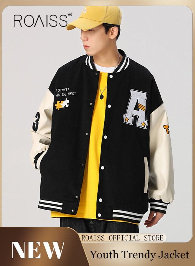 Men Baseball Jacket Spring Autumn Uniform Jackets Fashion Oversized Graphic Striped Trim Drop Shoulder Corduroy Varsity Jacket Preppy Striped Stand Collar Jacket
