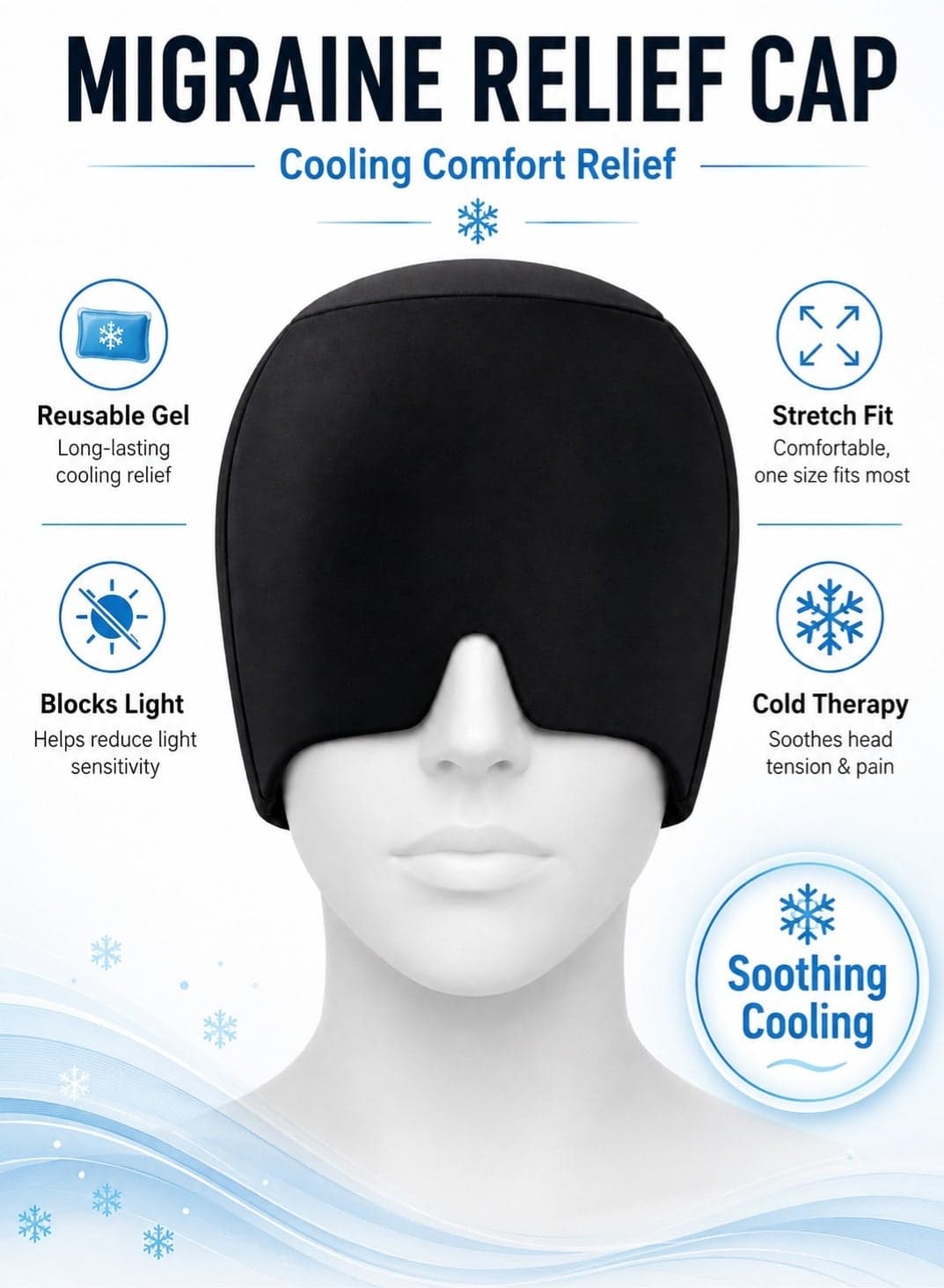 Migraine Relief Cap | Cooling Headache Relief Hat | Reusable Gel Ice Head Wrap | Stretchable Cold Therapy Eye Mask For Migraine Tension Stress