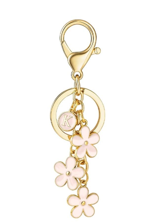 Keychain Ring For Keys,Initial Keychain White/Pink Flower Charms,Anti-lost Car Keychain, for Key Cute Letter Keyring for Handbag Backpack Purses and Bags