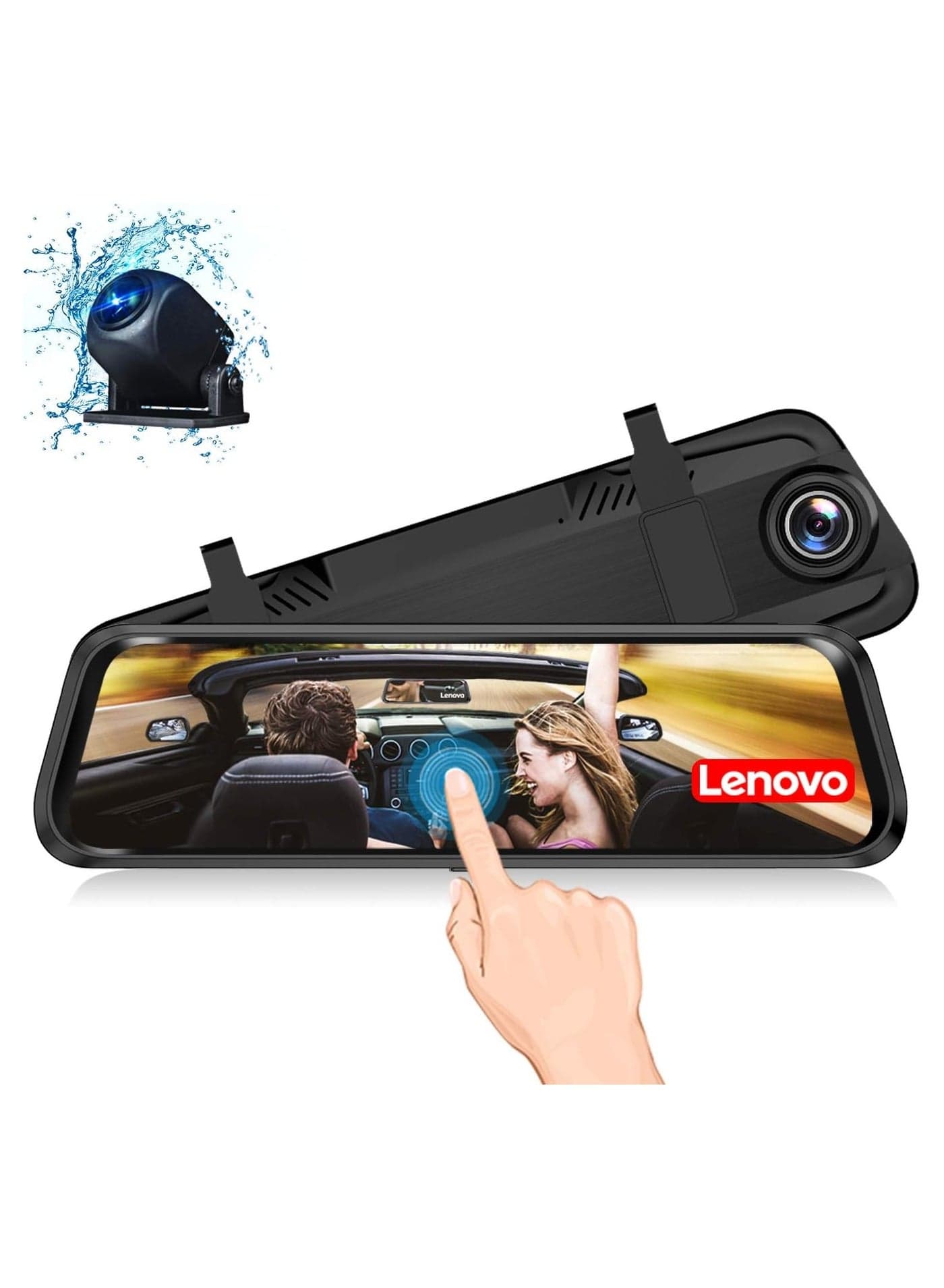 Lenovo Mirror Dash Cam, Backup Camera 9.66 Inch Mirror Dash Screen, 1080P Cam Touch Full Screen Rearview Front and Rear Dual Lens, Waterproof Full HD Camera Touch Screen HR06A