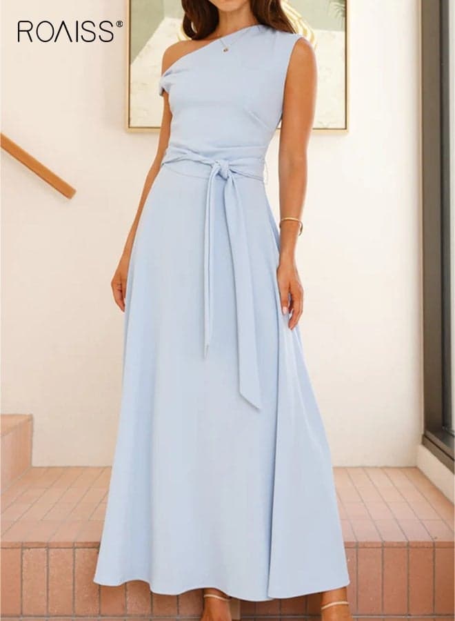 Women's Light Blue One Shoulder Dress Lace-Up Dress Corset Detailing Summer Pure Color Comfortable Fashion for Women Suitable for Daily Commuting Party