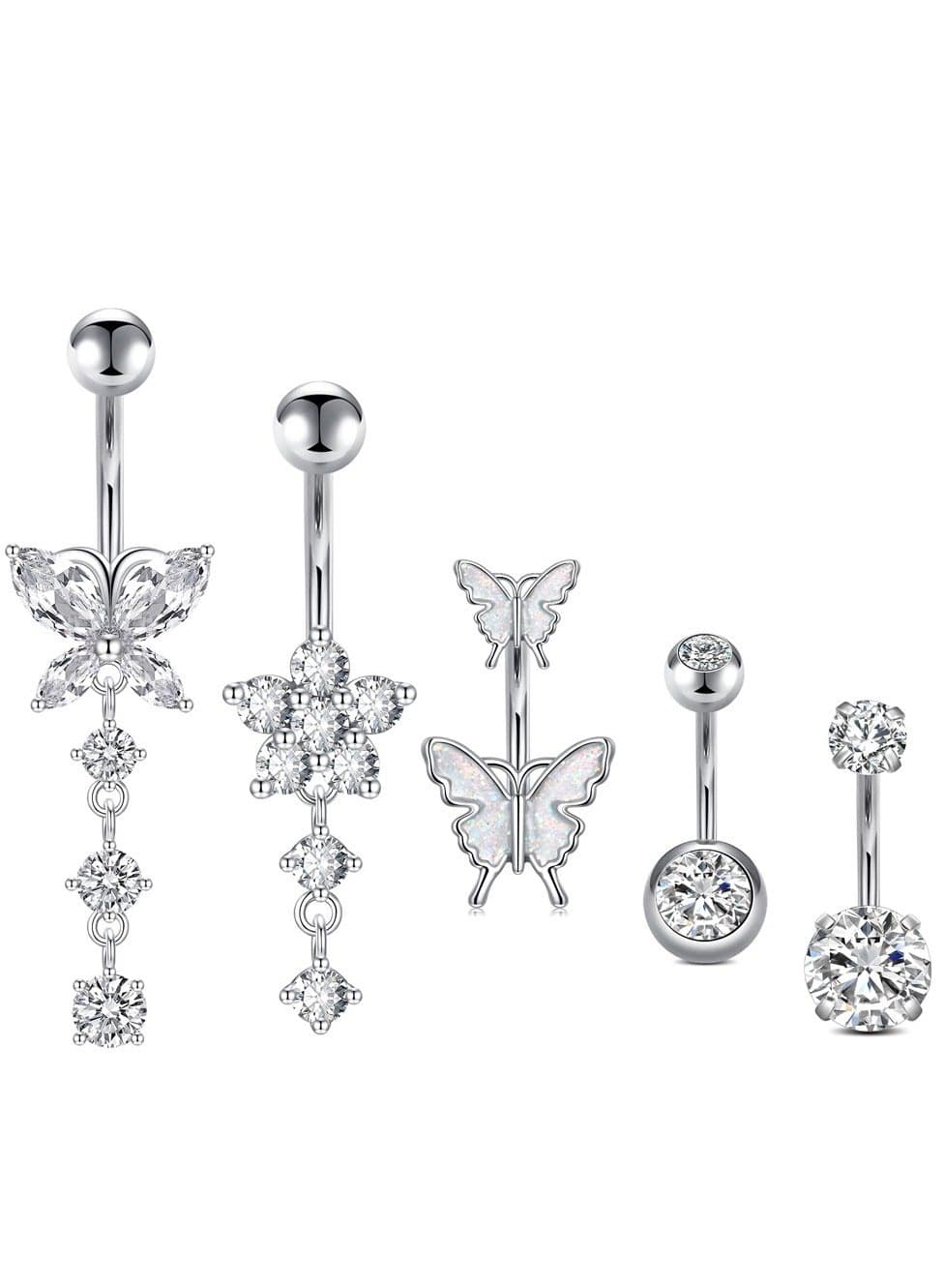5pcs Silver Belly Ring Set Stainless Steel Belly Button for Women Sparkling butterfly design Rhinestone studded Navel ring Body Jewelry Gifts perfect for holiday&dating & party & wedding
