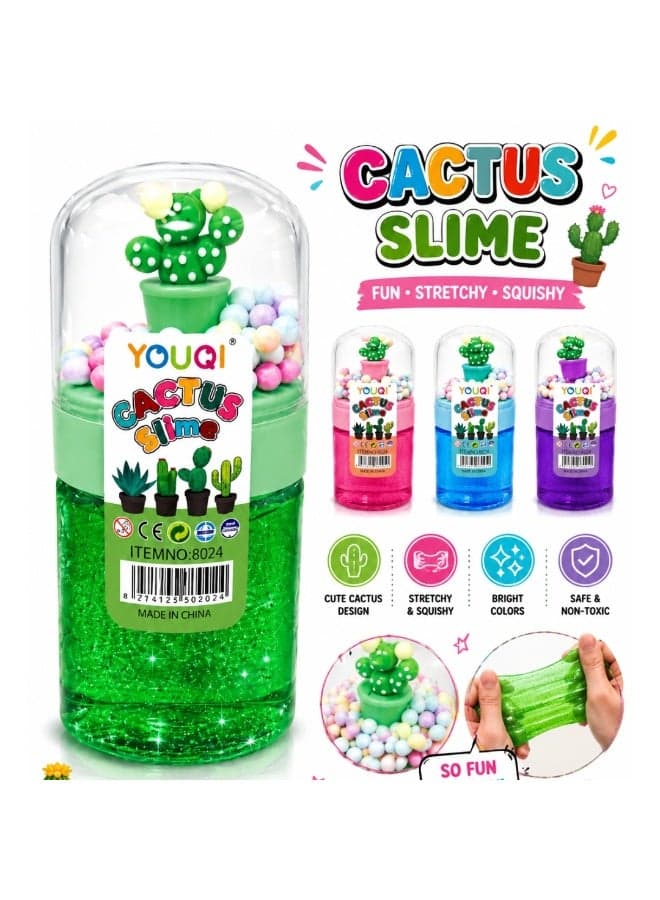 Cactus Slime Kit for Kids – Glitter Slime with Cute Cactus Figurine Topper, Soft Stretchy Non-Toxic Crystal Clear Slime, Foam Bead Slime Set, Stress Relief Sensory Toy, Party Favor Gift for Girls Boys Ages 6+ (Multi-colour)