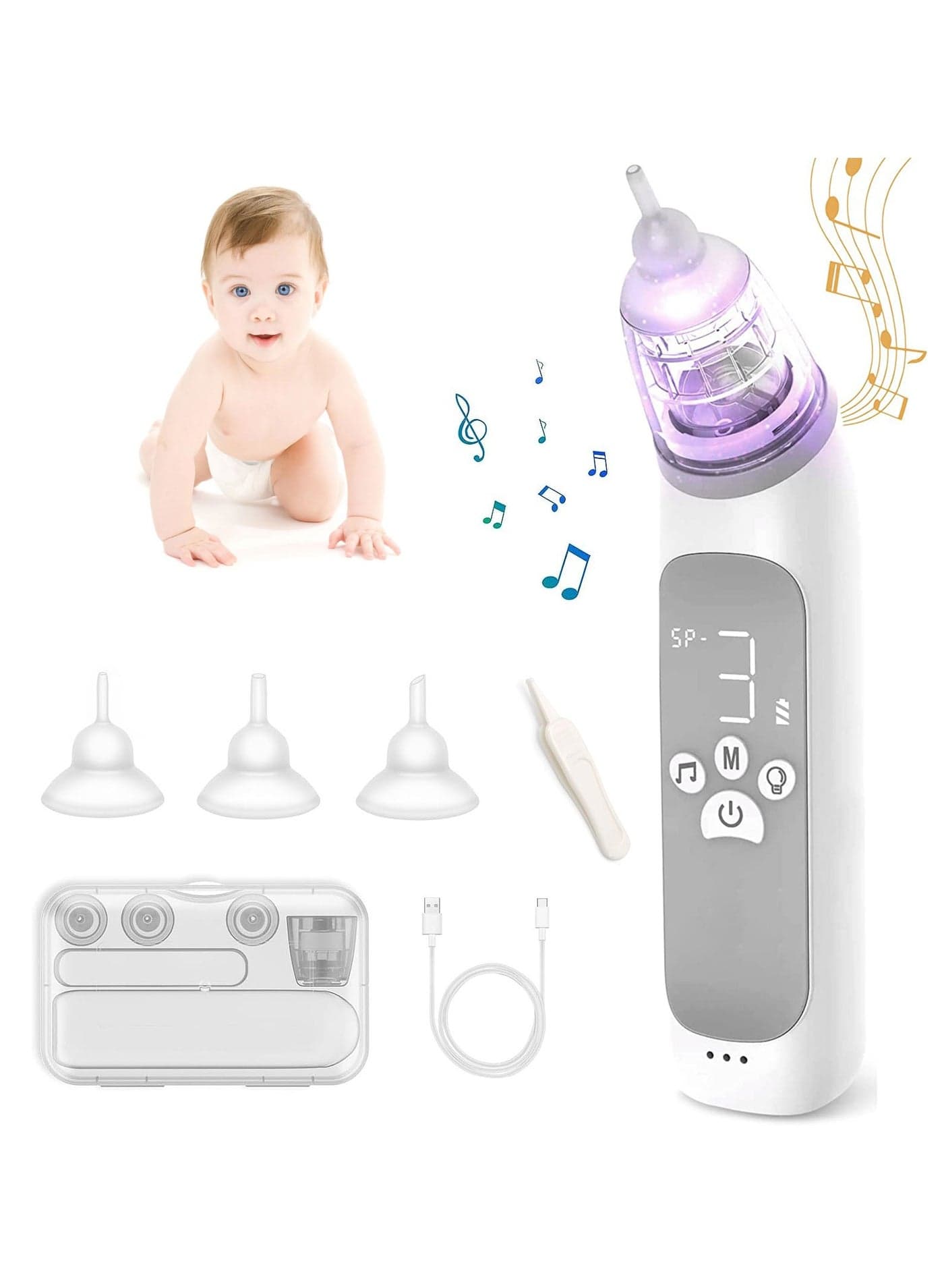 Nasal Aspirator For Baby, Electric Nose Aspirator For Toddler With 3 Food Grade Silicone Tips, Adjustable 3 Levels Suction Rechargeable Nose Aspirator, Music & Light, Automatic Mucus Nose Cleaner