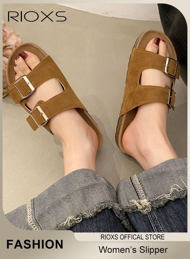 Women's Flats, Comfort Suede Flat Sandals, Lane Cork Footbed Sandals, Open Toe Slides Adjustable Slides Slippers for Women, Anti-slip Slip-On Slippers with Buckle, Lightweight Ladies Sandals with Arch Support, Summer Fashion Slide Sandal, Stylish Woman Footwear Brown