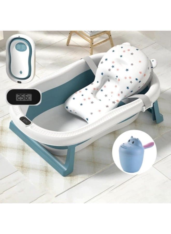 Baby Foldable Bath Tub, with Bathmat Cushion,Thermometer,Water ladle, Collapsible Portable Baby Bathtub with Drain Hole,Blue