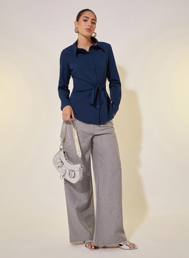 Solid Long Sleeve Collared Wrap Top