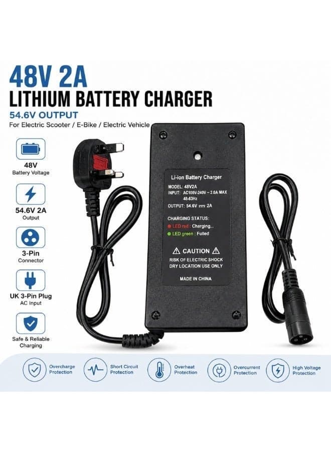 FUKUKAWA® 48V 2A Electric Scooter & E-Bike Battery Charger DC 54.6V Output | Fast & Safe Smart Charger with Multi-Protection, Overheat & Overcurrent Safety | 220V UK Plug for Lithium Battery Delivery