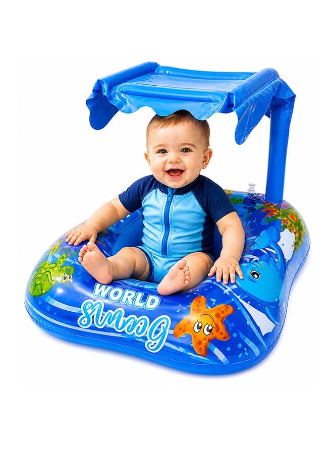 Inflatable Baby Swim Float Seat with Canopy – Ocean Print Pool Float, Blue
