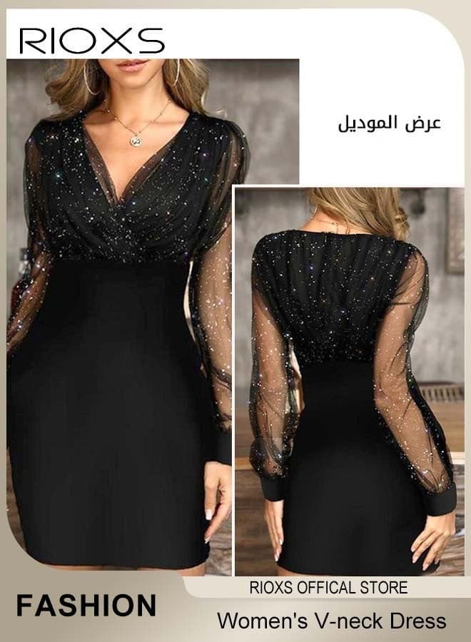 Gorgeous Evening Midi Dress with Mesh Puff Sleeves, Back Zipper and Hips-wrapped Silhouette, Sequin V-neck Dress with Elegant Chic Style, Wrap-around Sparking Dress, Perfect for Daily, Work, Office, Wedding and Party
