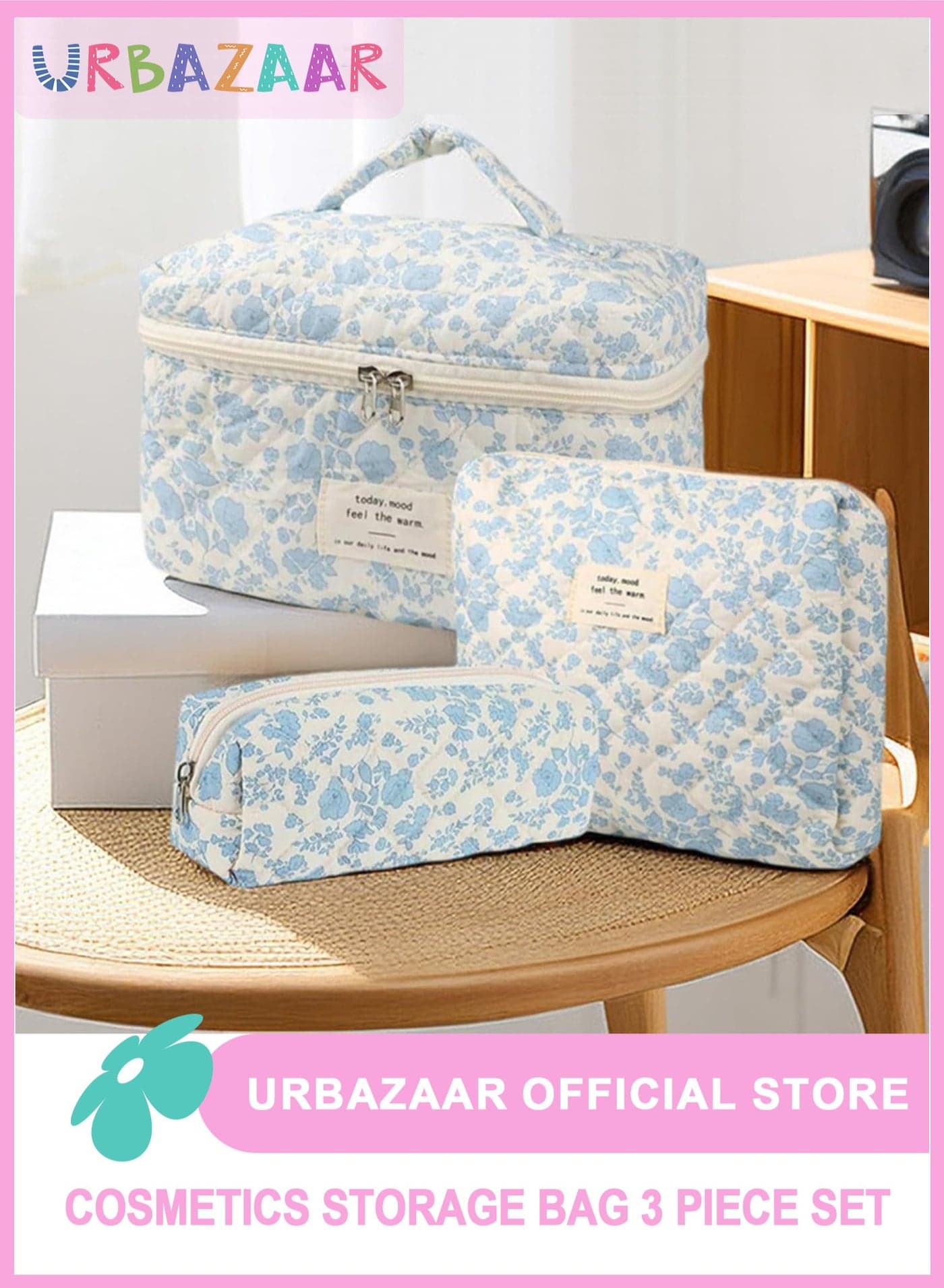 3PCS Makeup Bag Set,Cotton Quilted Makeup Bag,Floral Large Travel Cosmetic Bag,Flower Travel Toiletry Bag, Cute Aesthetic Toiletry Bag for Women Girls