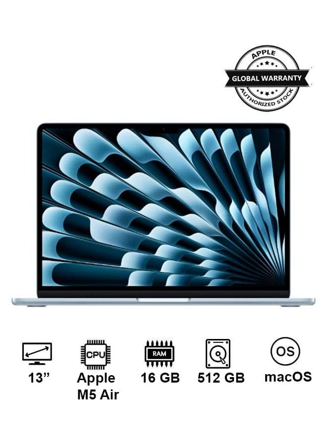 New 2026 MacBook Air MDHH4 | 13 Inch Display | Apple M5 Air | 10-Core CPU 8-Core GPU | 16GB RAM | 512GB SSD | macOS | English And Arabic Keyboard | Sky Blue