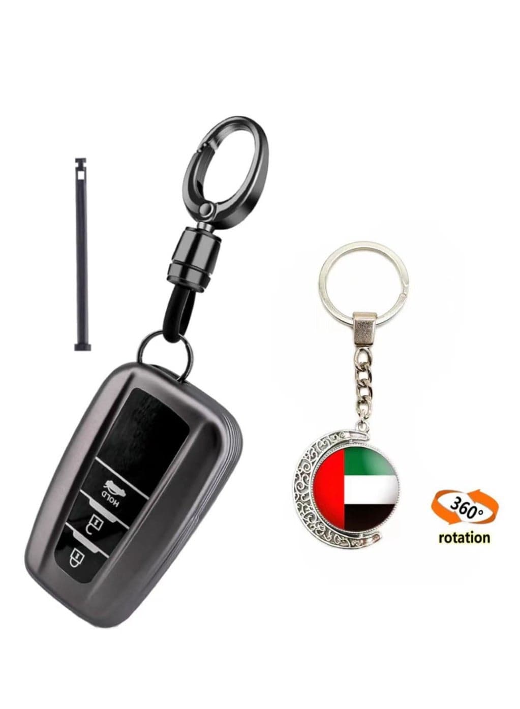 OUYoo for Toyota Key Fob Cover with Toyota Keychain, Car Key Fob Case Compatible with Toyota 2018-2024 Camry RAV4 Highlander Avalon C-HR Prius Corolla GT86 Metallic Gray,With UAE flag keychain.