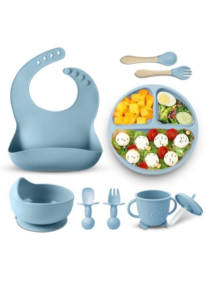8 Pcs Silicone Baby Feeding Set, Baby Led Weaning Set, Feeding Supplies for Toddlers with Suction Bowl & Divided Plate, Adjustable Silicone Bib, Straw Cup with Spoon & Fork Self-Eating utensils set