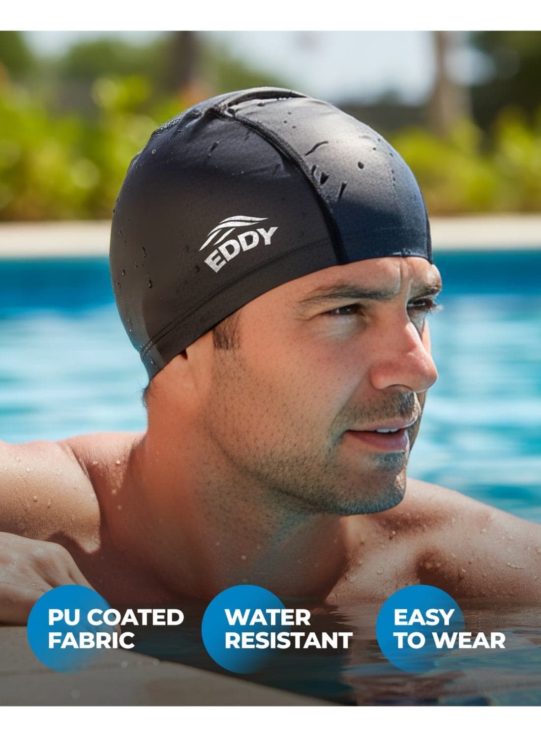 EDDY Swim Cap for Adults – Men & Women, Long Hair Friendly, Lightweight PU-Coated Fabric, Comfortable & Waterproof Swim Cap for Pool, Beach & Fitness Training
