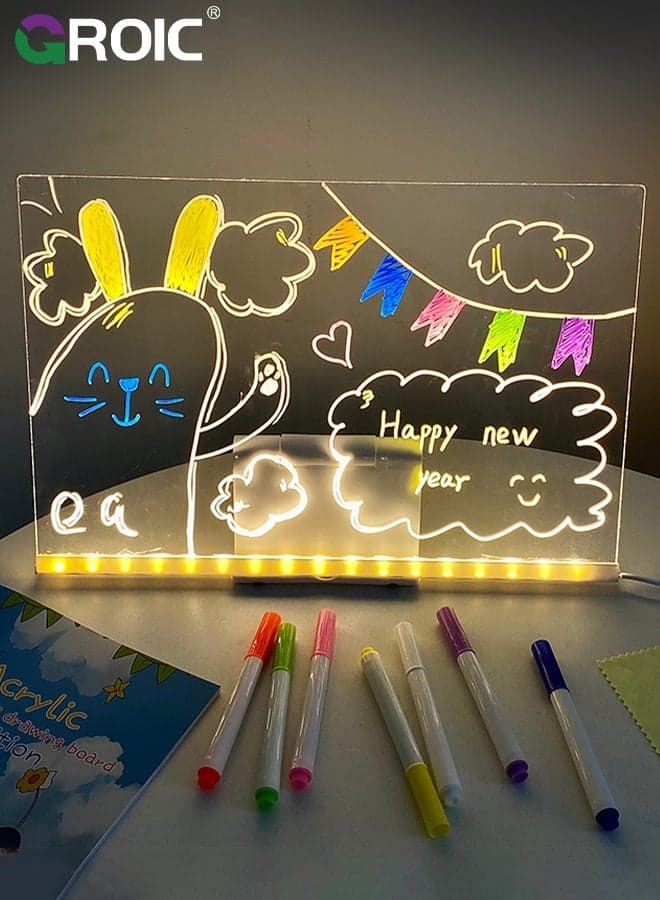 LED Note Board with Colors, 20X30X20CM, Led Acrylic Message Board with Light, Light up Acrylic Dry Erase Board, Led Drawing Board with Stand, 7 Markers, for Office School Home, Kids Graffiti Board