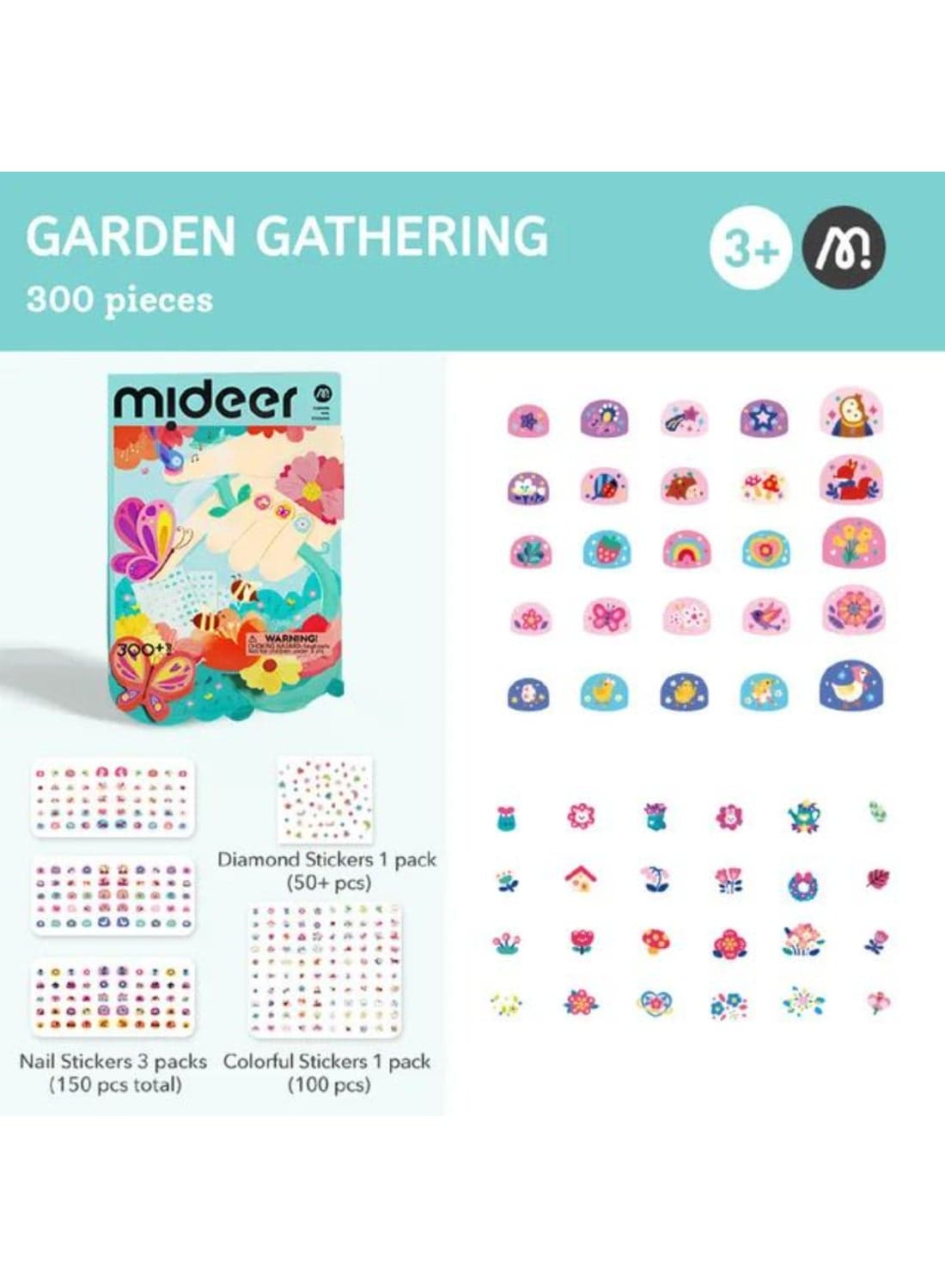 Nail Stickers for Kids – Garden Party Theme | 300pcs Glitter, Glow, Laser & Diamond Styles | Peel & Stick Nail Art for Girls | Safe, Water-Resistant, Long-Lasting | Ages 3+
