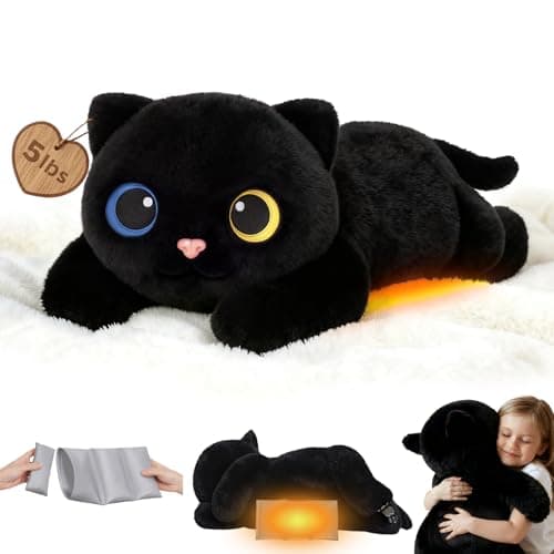 Mewaii Weighted Stuffed Animals 5 lbs Adjustable Heated Coolable 23 Inch Plush for Realistic Hug Microwavable Removable Inner Pad Cat Gifts for Kids Black