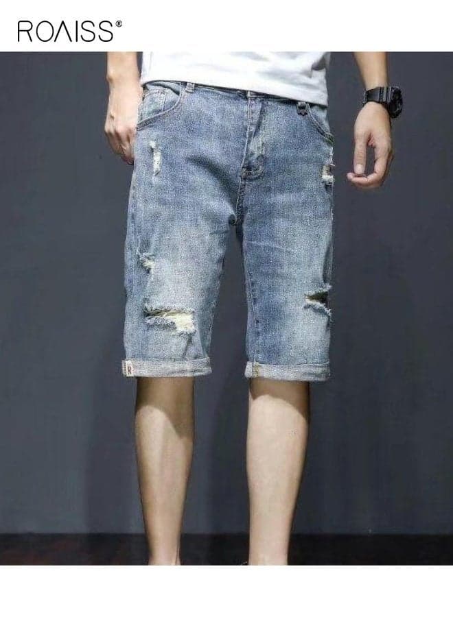 Summer Men's Breathable Hole Breaking Slightly Stretch Denim Short Thin High Waist Loose Popular Casual Comfortable Pant Zipper Distressed with Multiple Pockets Daily Versatile Short Blue