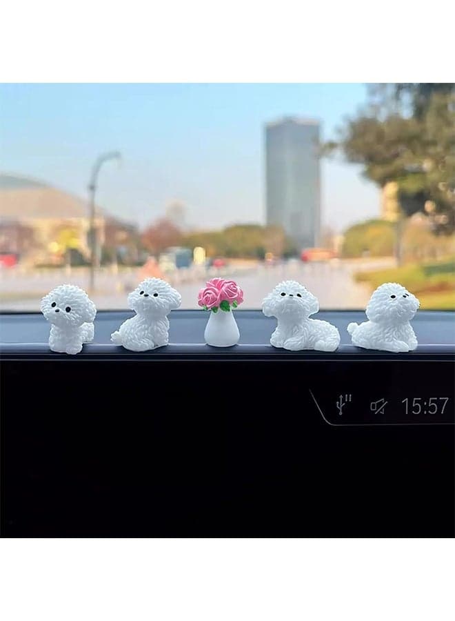 5 Pcs Cute Mini Bichon Frise and Rose Vase, Car Interior Decoration Accessories for Car Rearview Mirror Dashboard, Kawaii Decor for Home Garden Office, Funny Ornament Gifts