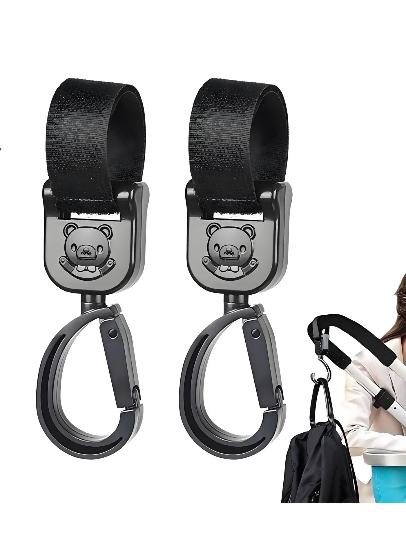 2-Piece Baby Stroller Hooks, Non-Slip Baby Stroller Hooks with Lovely Bear Pattern, 360-Degree Rotating Stroller Bag Clips for Hanging Diaper Bags, Black