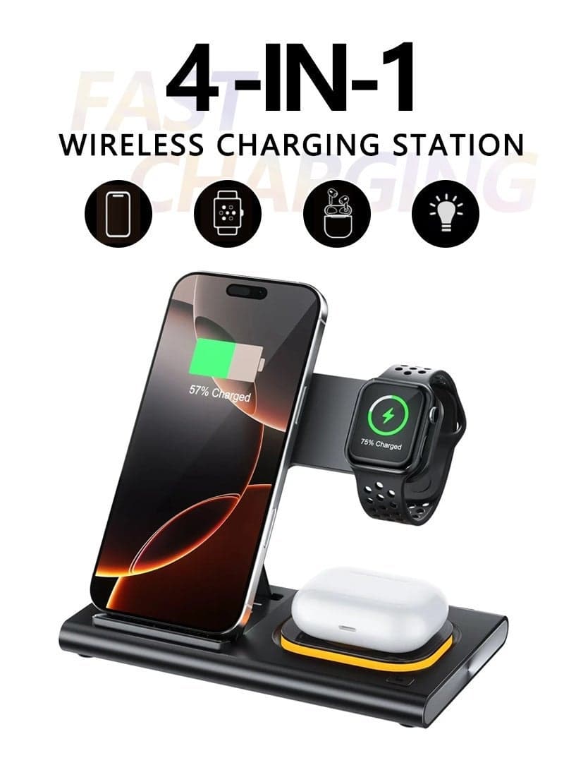 Wireless Charger,4 in 1 Foldable Fast Wireless Charging Station for Fast Charge, Wireless Charger for Travel Phone Apple iPhone 17/16/15/14/13/12/11 X Pro Max iWatch AirPods, with a night light