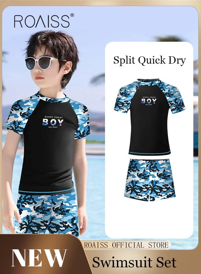 2 Piece Boys Swimsuit Swimming Trunks Set, Toddler Kids Training Quick Dry Swimwear, Children Short Sleeves Clothing Beachwear Split Bathing Suit for Summer Blue and Black Camouflage