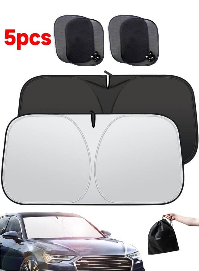5pcs Foldable Car Window Sunshade with Storage Pouch, Front Windshield Reflective Sunshade, Car Windshield Sunshade for Sun Protection and Block UV Rays, Keep Vehicle Cooler