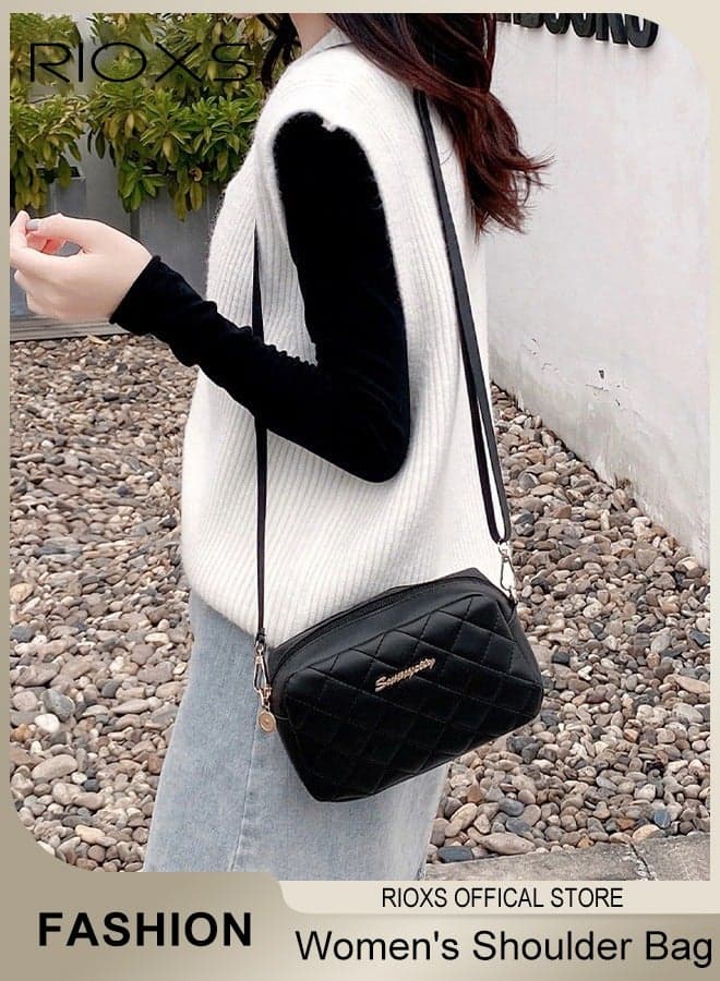Women's Quilted Crossbody Bag, Small Pu Leather Cross Body Purse for Ladies, Trendy Lightweight Shoulder Bag with Adjustable Straps, Waterproof Compact Handbags for Travel, Work, Dating, Party and More, Black