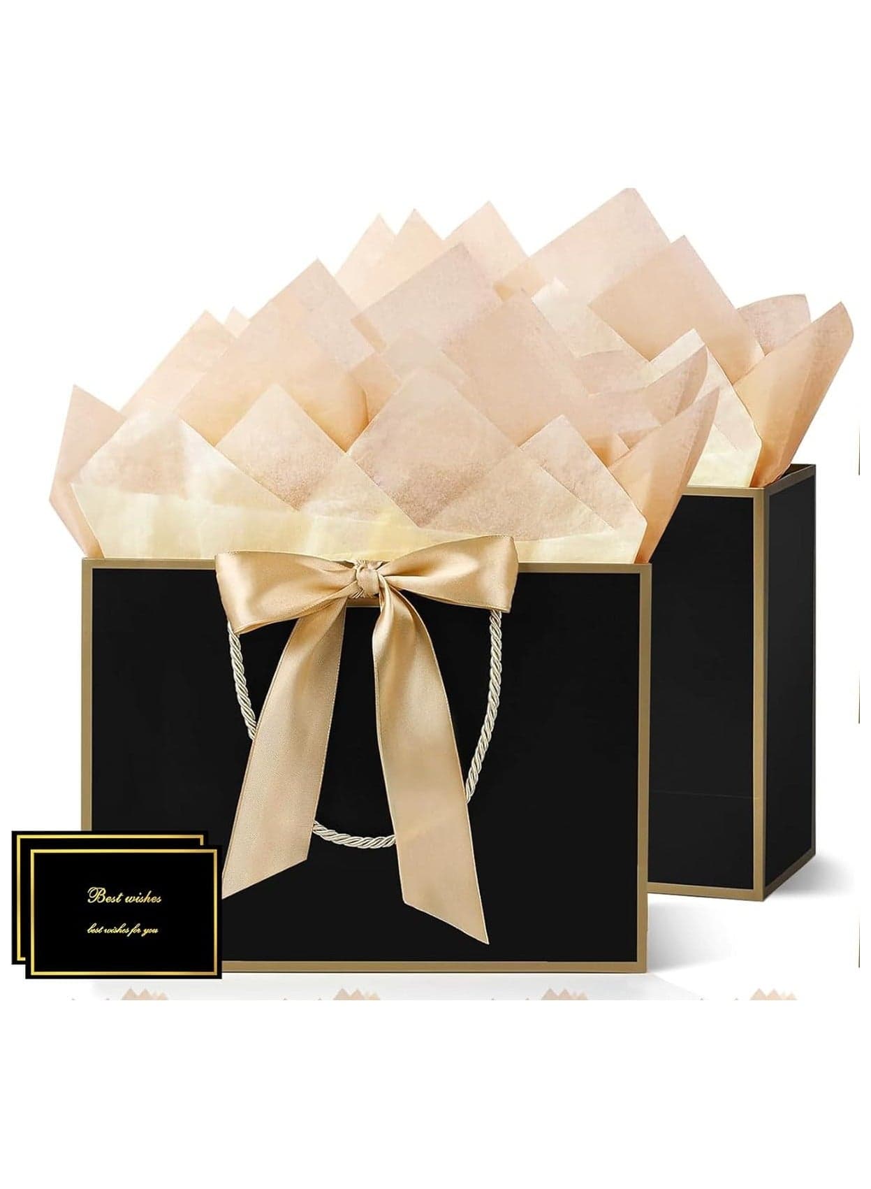 2 Pcs Black Large Gift Bags, Paper Bags with Ribbon, Greeting Cards and Tissue Paper, Portable Party Bags with Handles, Birthday Gift Bags, Present Bags for Wedding Party, Party Supplies