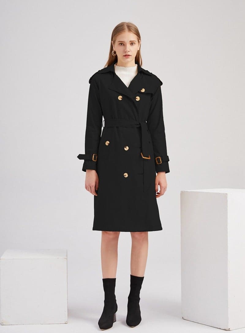 Women's Double Breasted Long Trench Coat Classic Lapel Slimming Adjustable Belt Black Daily Outdoor Workplace Wear