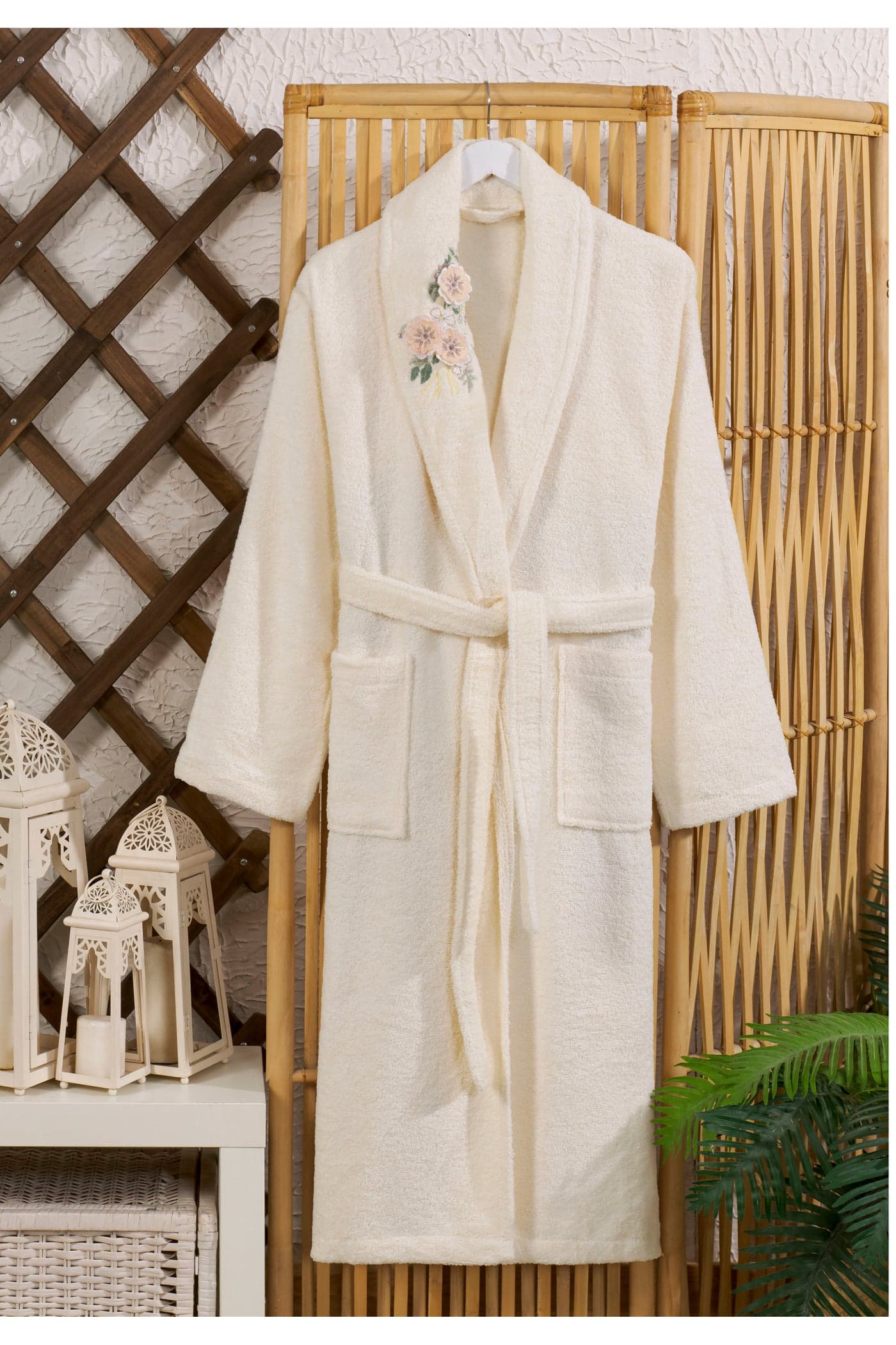 Turkish Cotton Bathrobe Terry Unisex with Dual Pockets, Belt and Shawl Collar Off White One Size