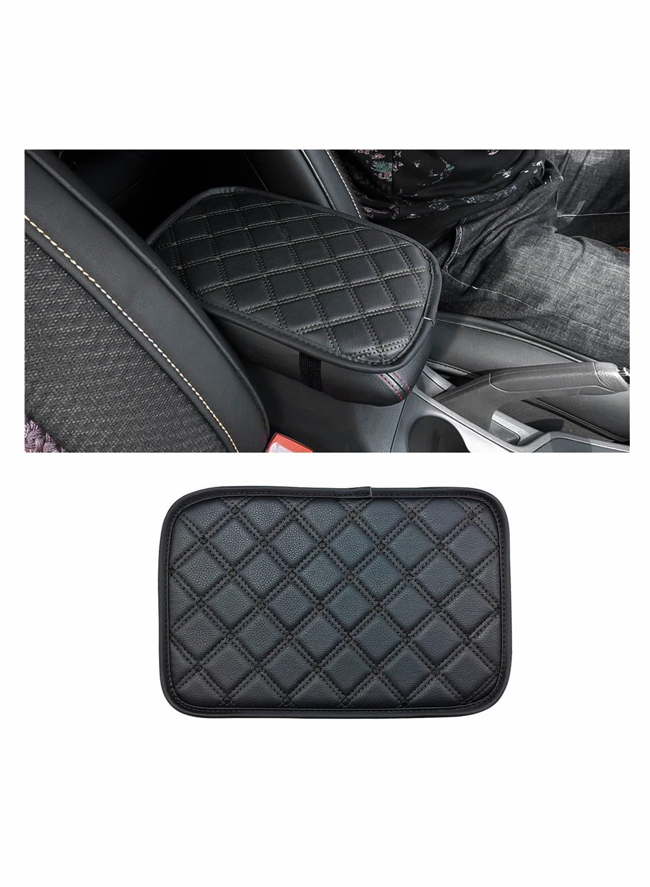 Car Leather Center Console Cushion Pad, Waterproof Armrest Seat Box Cover Fit for Cars, Vehicles, Comfort, Interior Protection Accessories (Black, 11.4"x7.4")