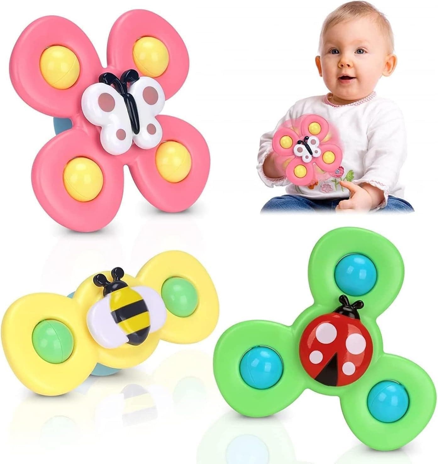 Nicemart Spinning Suction Cup Toy Set - Butterfly Bee Ladybug Sensory Spinner Toys for Babies & Toddlers