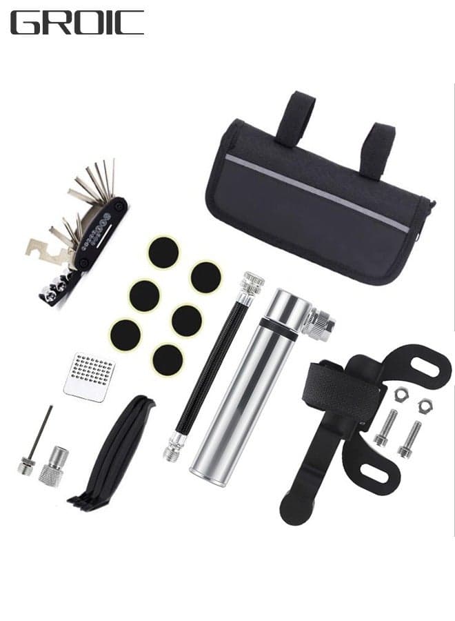 Bicycle Bike Repair Tool Kit Bag with Tire Pump, Portable Patches Fixes, Inflator, Maintenance For Camping Travel Essentials Safety Emergency Set